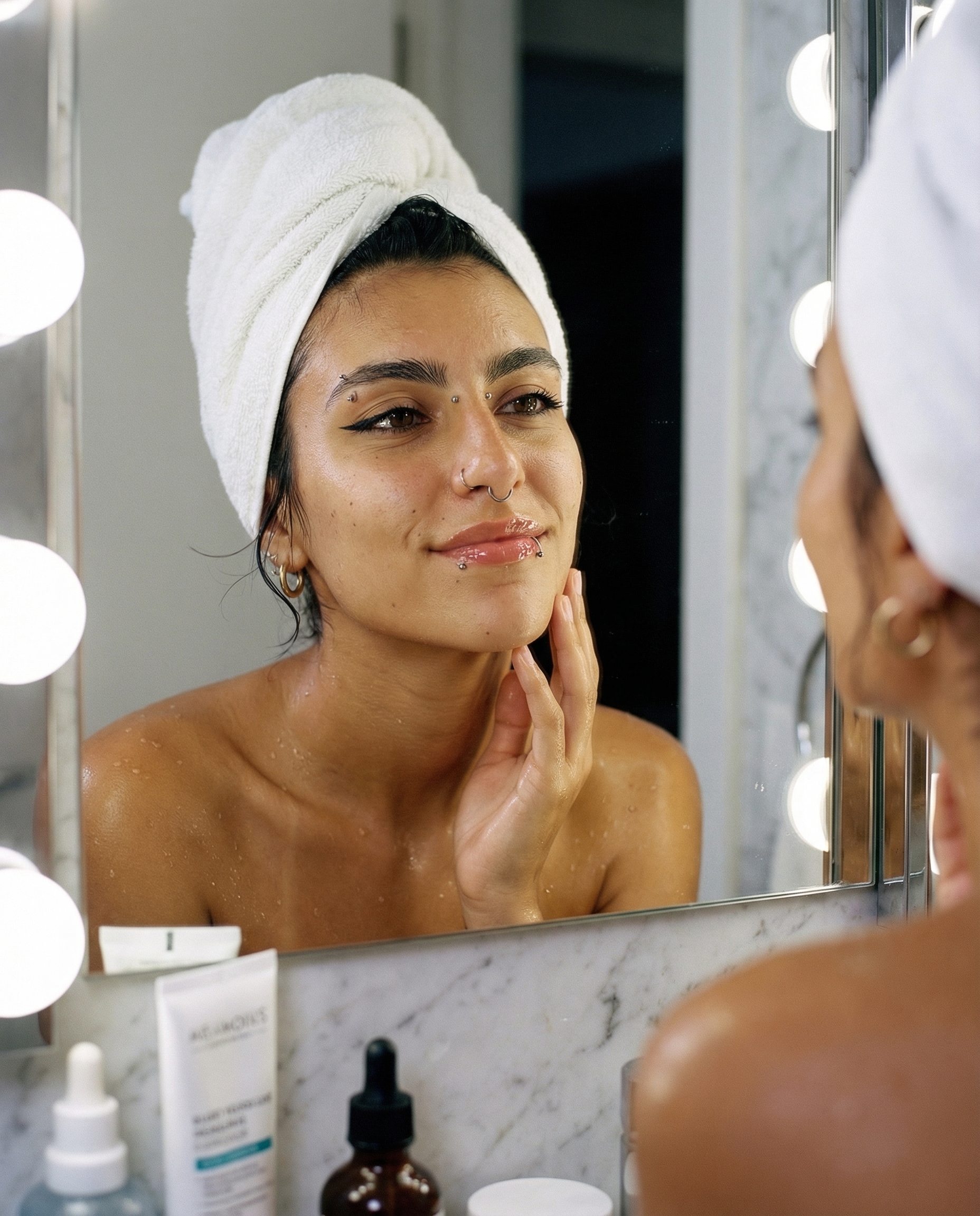 Bathroom mirror — skincare routine, mirror reflection