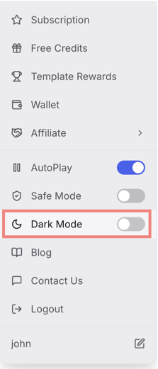 Dark Mode toggle in the Musebox user menu — switch off to enable the new Light Theme