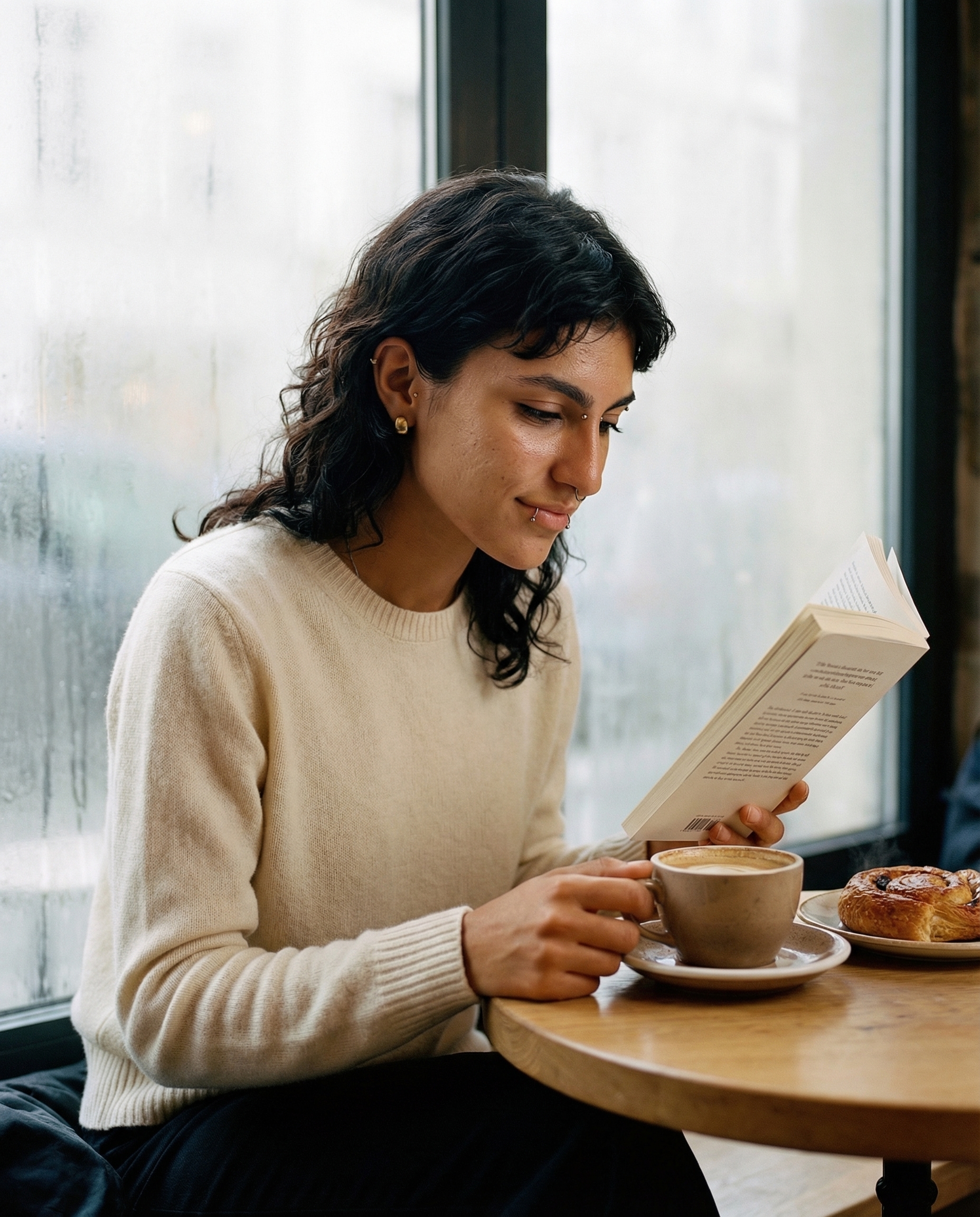 Café scene — soft natural light, reading