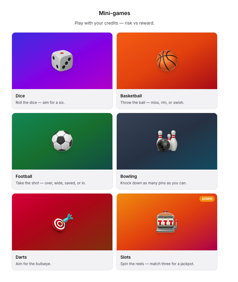 Mini-games tiles: Dice, Basketball, Football, Bowling, Darts, Slots