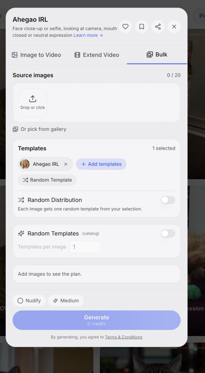 Bulk Generation tab on a Musebox template card — upload up to 20 source photos and queue multiple AI video templates in one batch